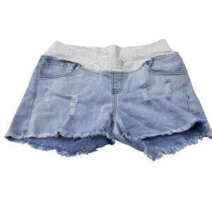 Distressed Denim Maternity Shorts With Soft Grey Waistband For Comfort